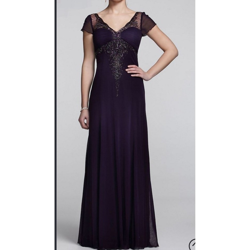 Dave & Johnny 13/14 Gown Plum Beaded Iridescent Formal Maxi Dress sheer overlay